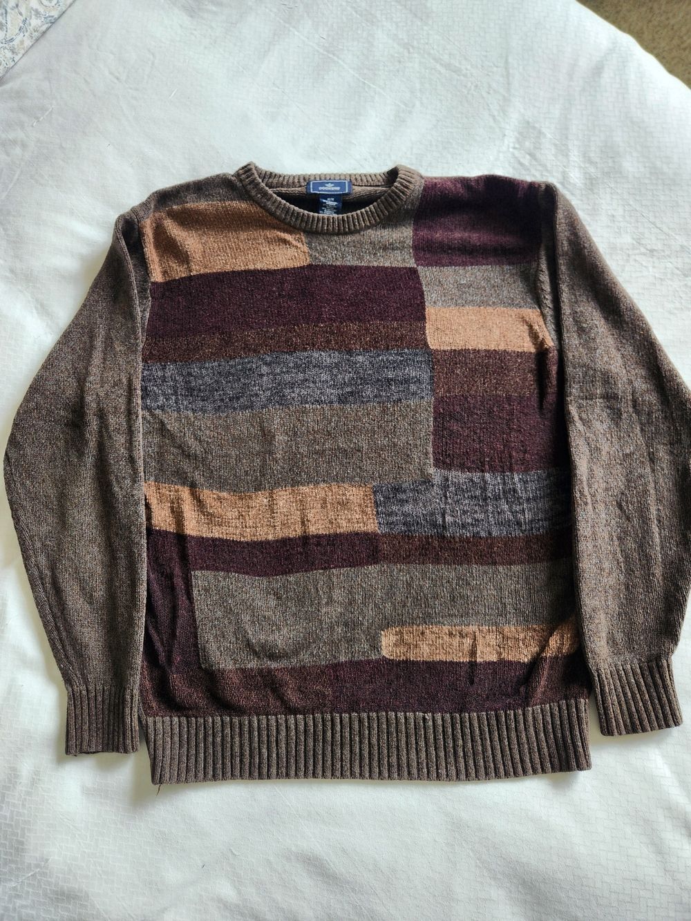 Vintage Men's Crewneck Patchwork Grandpa Colorblock Sweater Brown Medium